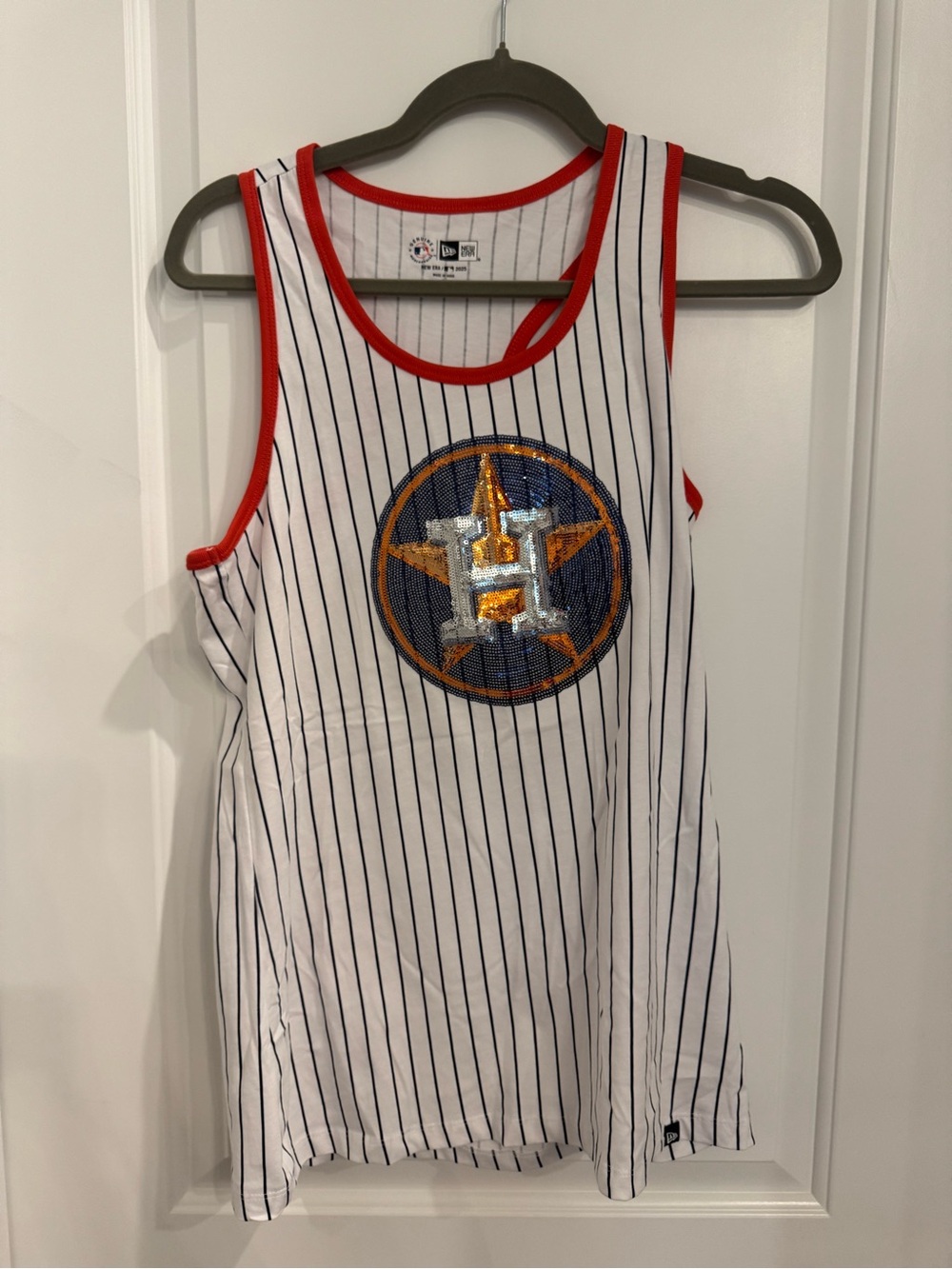 MLB White Pinstripe Tank with Astros Sequin Logo and Orange Trim